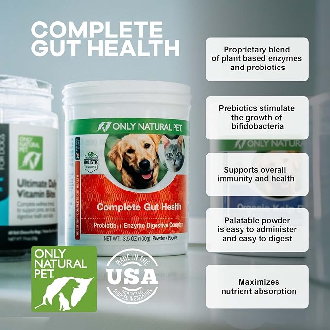 Only Natural Pet Complete Gut Health Complex - Probiotics & Digestive Enzyme Supplement for Dogs & Cats - Promotes Healthy Digestion, Immune System, Nutrient Absorption - Made in USA -3.5oz Powder