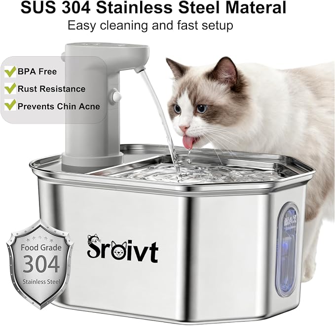 Cordless Cat Water Fountain Stainless Steel - Stainless Steel Cat Water Fountain Cordless - Water Fountain for Cats - Wireless Pet Water Fountain - Motion Sensor/Battery Operated 2.6L,4 Filters