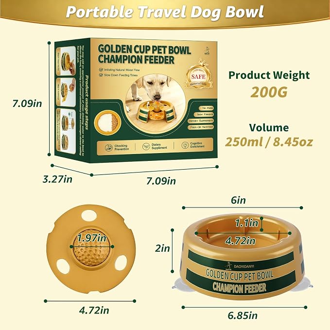 Golden Cup Slow Feeder Dog Bowls for Liquid Treat, Textured Spherical lid Integrated Anti-Slip Base, Yogurt Bone Broth Lick mat Dog Toy Prevent Accidental Ingestion Assist Digestion, slowing Feeding