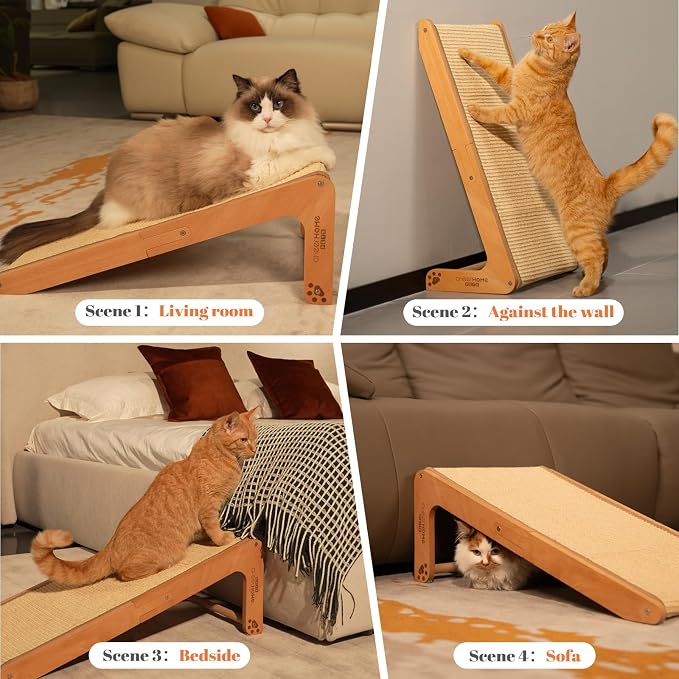 CHEERHOME PETS Sisal Cat Scratcher Ramp for Indoor Cats, 24.8" L Shape Cat Scratching Post Climbing Vertical Cat Scratch Pad, Solid Wooden Cat Furniture(Standard)