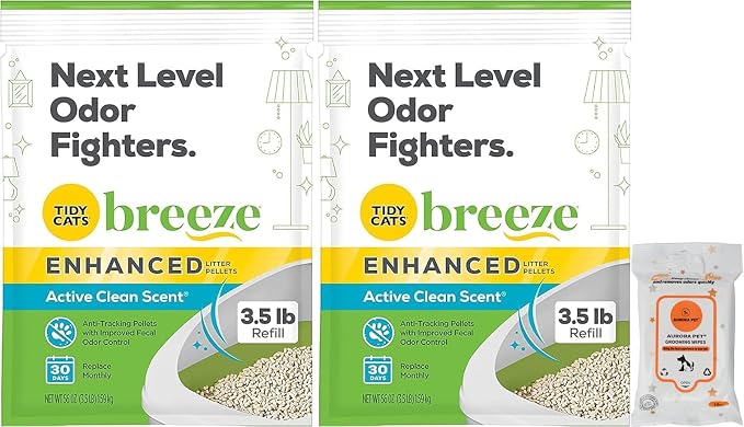 (2 Pack) Cat Breeze Enhanced Active Clean Scent Cat Litter Pellets, Refill 3.5 lb with Aurora Pet Wet Wipes