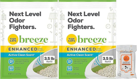 (2 Pack) Cat Breeze Enhanced Active Clean Scent Cat Litter Pellets, Refill 3.5 lb with Aurora Pet Wet Wipes