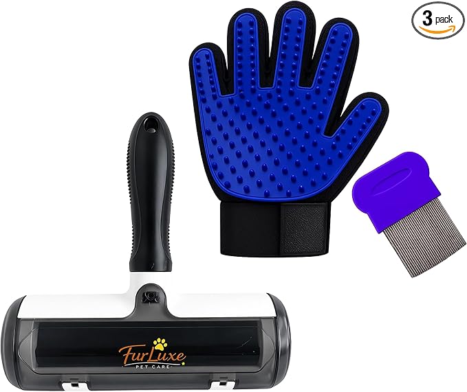 3-in-1 Pet Hair Remover Kit – Reusable Lint Roller, Deshedding Brush & Grooming Glove for Dogs & Cats – Removes Fur from Furniture, Carpet & Clothes