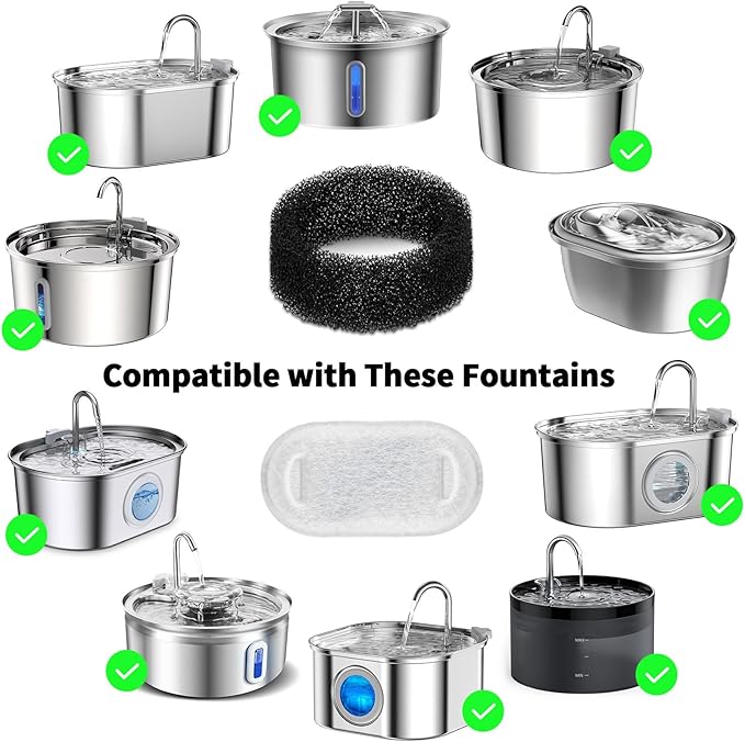 Wonder Creature 32 Pack Cat Water Fountain Filter Replacement, 4+4/8+8/12+12/16+16 Pack for Stainless Steel Cat Water Fountain 2L/67oz and 3.2L/108oz, 16 Carbon Filters & 16 Pre-Filter Sponges