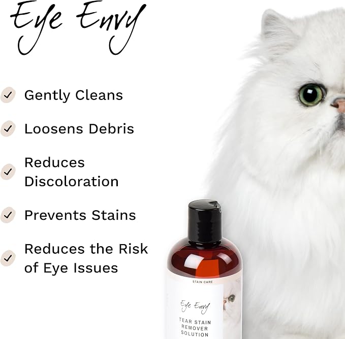 Eye Envy Tear Stain Remover Solution for Cats. Gentle, Natural and Safe. Cleans Tear Stains. Recommended by Breeders, Groomers. Remove Eye Stains from Persians and Exotics. 8 oz. Made in USA