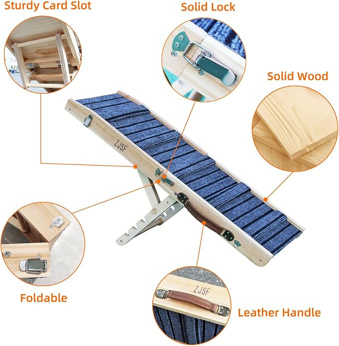 ZJSF Foldable Wooden Dog Ramp for High Bed, Dog Stairs for Small Dogs, High Traction Platform with 4 Adjustable Heights (14"-19.7"), 33" L, Supports up to 70 lbs