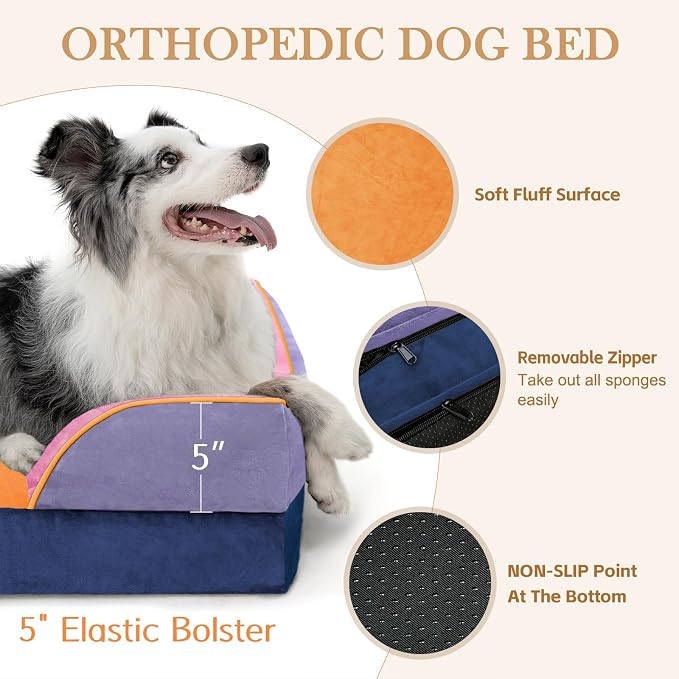 Comfort Expression Orthopedic Dog Bed for Extra Large Dogs 42x30 Inch, Waterproof Egg Crate Foam XL Pet Bed with Bolsters, Dog Couch with Washable Cover & Non-Slip Bottom, Orange Breeze