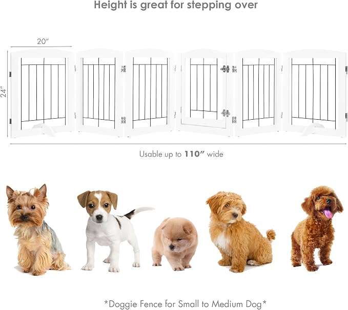 PAWLAND 6 Panels Dog Gate Indoor with Walk Through Door, Foldable FreeStanding Pet Gate for Doorways, Stairs, the Houes, Pet Puppy Safety Fence, 120 in Extra Wide, Support Feet Included, White