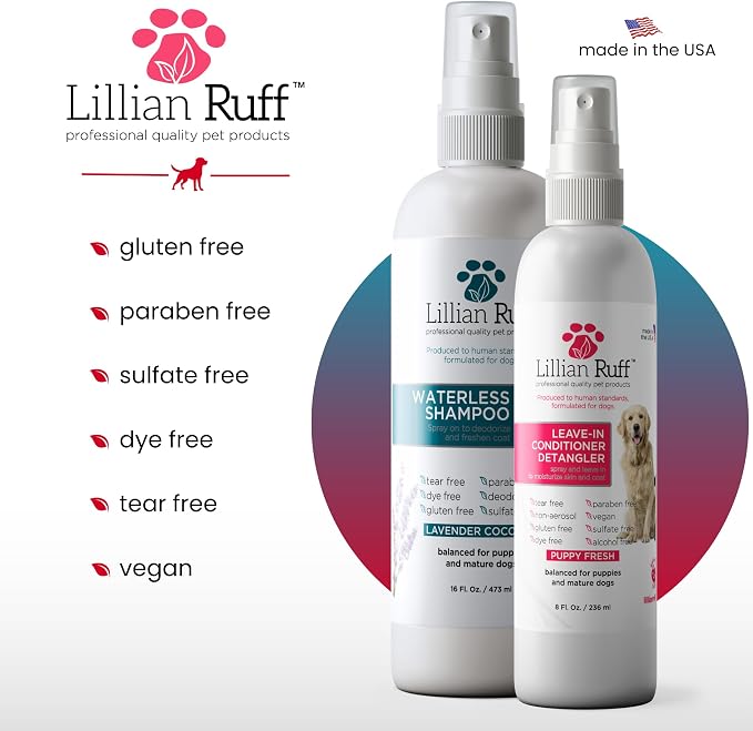 Lillian Ruff Waterless No-Rinse Dog Dry Shampoo Spray & Leave-in Dog Conditioner & Detangler - pH-Balanced for Dogs After-Bath No Rinse Hydrating Spray Set- Clean, Condition, Detangle & Deodorize