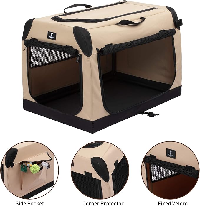 X-ZONE PET 3-Door Portable Soft-Sided Folding Soft Dog Travel Crate Collapsible Pet Kennel,Medium, Tan, 28 x 20 x 20 Inches