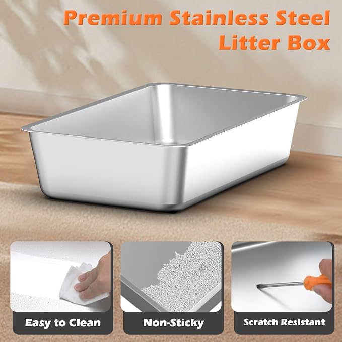 Stainless Steel Litter Box with Lid, Extra Large Litter Box Enclosed Top Entry Metal Litterbox for Big Cats Easy Cleaning Anti-Leakage & High Sided Grey