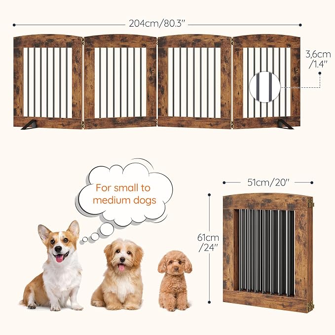 HOOBRO Indoor Dog Gate with Support Feet, 24 Inch 4 Panels, Freestanding Pet Gate for Doorway, Stairs, Folding Dog Fence, 360° Hinge for Easy Access, Sturdy Iron Pipe, Rustic Brown BF54PP03