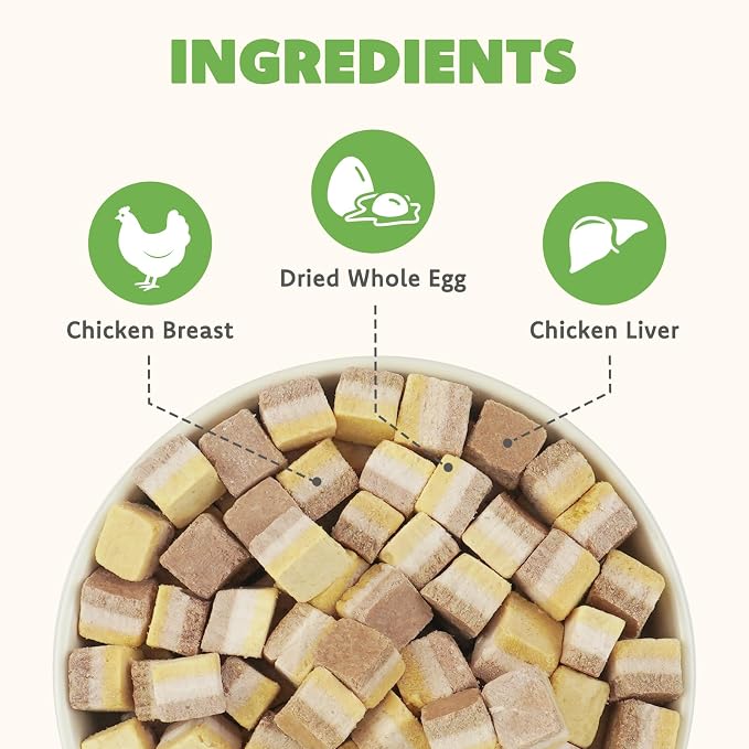 MON2SUN Triple-Layer Freeze Dried Cat & Dog Treats, Chicken, Egg & Chicken Liver Recipe Cube, Grain-Free High Protein Snacks, All Natural Food Topper or Training Rewards, 5.6oz