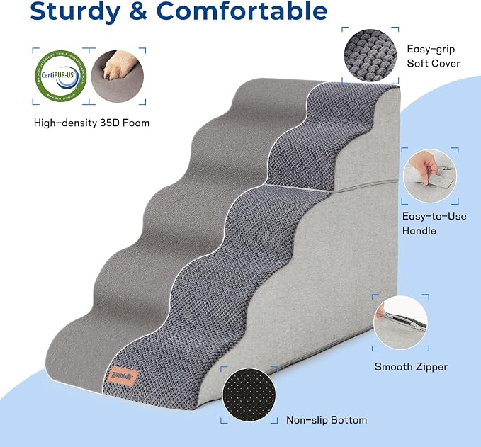 ZOMISIA Dog Stairs for High Beds - Pet Stairs Ramp for Couch, 35D Foam Dog Steps for Small to Large Pets, with Non-Slip Bottom Brown, 5 Steps