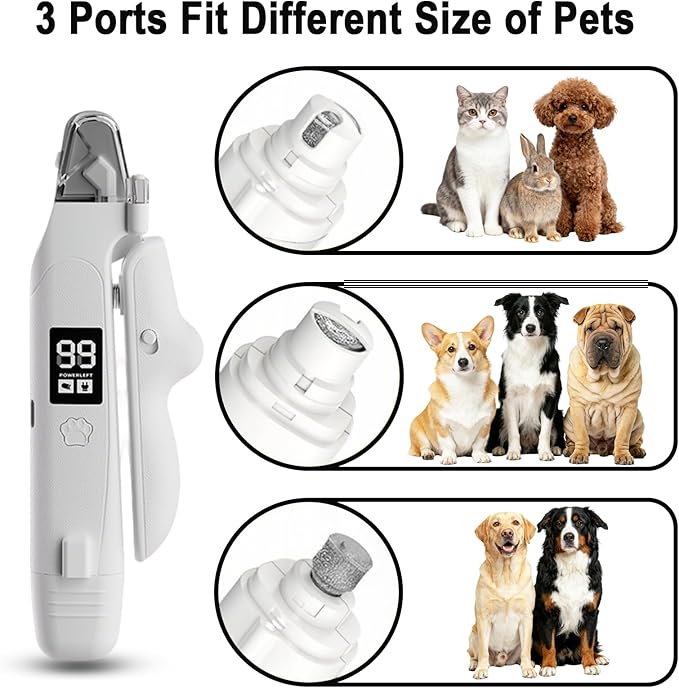 2-in-1 Dog Nail Clippers and Grinder with Dual LED Lights, Quiet Rechargeable Pet Nail Trimmer with Clipping Catcher, Safety Lock and Battery Display for Small, Medium and Large dogs and cats