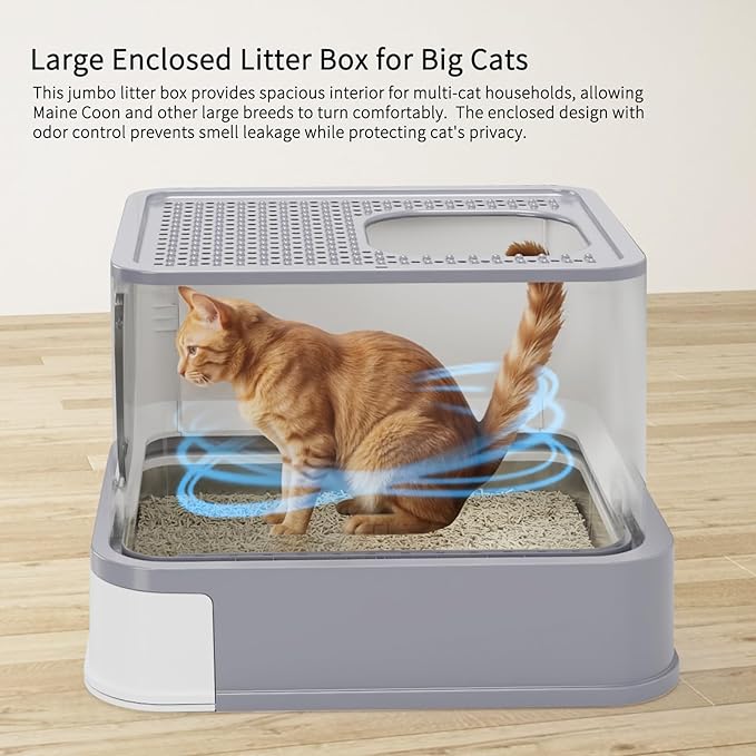RIZZARI Stainless Steel Cat Box: Large Gray Enclosed Design Litter Pan - High-Edged & Teflon Coating - for Superior Odor Control & Easy-Clean Drawer - Ideal for Multi-Cat Homes Garage