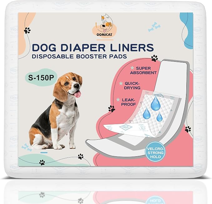 Dog Diapers Liners, 150 Ct, Super Absorbent Booster Pads for Male Dog Wraps and Female Dog Diapers, Lnnovative Hook-and-Loop Tape Design, Super-fit & No Shifting, Small Dog Diaper Pads