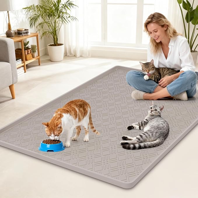 Cat Food Mat, 42" x 29" Large Silicone Mat Cat Feeding Mat with Raised Edge Non-Slip Pet Feeding Mat for Food and Water Bowl, Easy to Clean, Floor Protection (Beige)