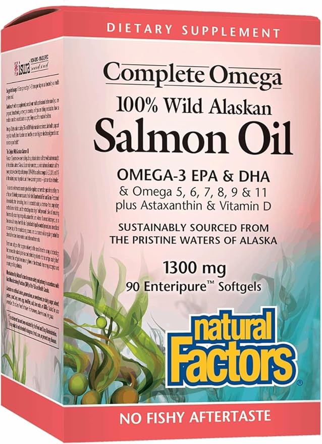 Natural Factors 100% Wild Alaskan Salmon Oil - Brain & Eye Health Support Supplement - Fish Oil Supplement for Healthy Heart & Joints - 90 Enteripure Softgels (90 Servings)