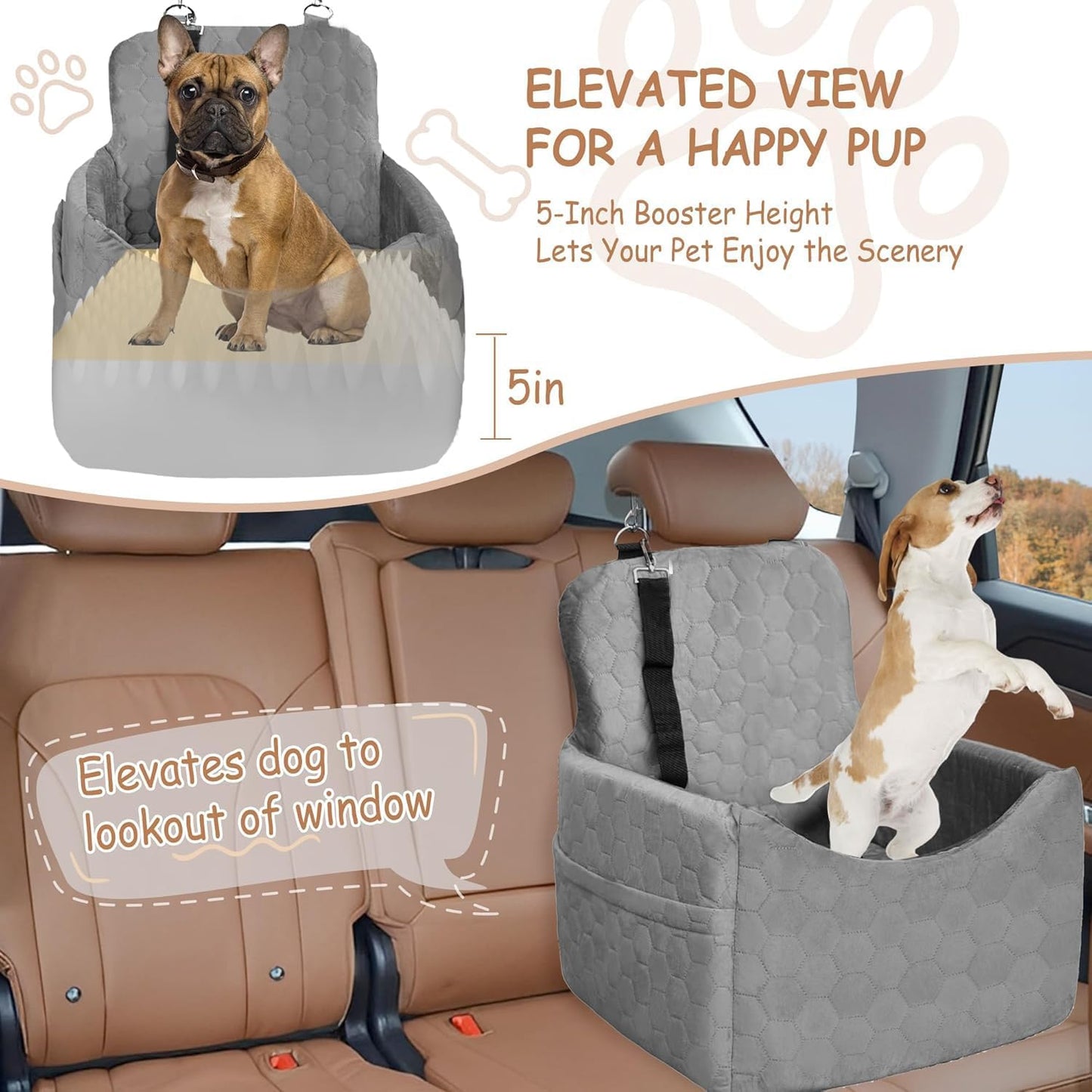 Dog Car Seat for Small/Medium Dogs - Dog Booster Seat with Safety Straps & Non-Slip Base, Travel Pet Car Seat with Storage Pockets, Washable & Removable, Suitable for Dogs Under 35 lbs (Gray)