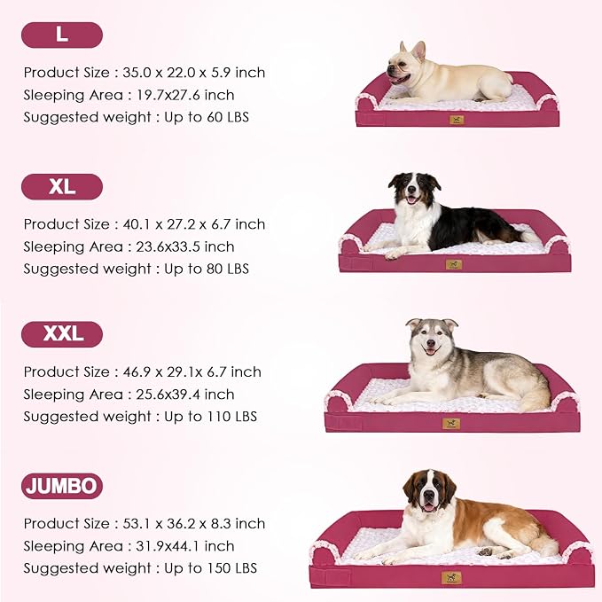 XXL Orthopedic Dog Bed - Breathable Egg-Crate Foam Sofa Couch with Bolster, Water-Resistant Liner & Washable Rose Velvet - Ideal for German Shepherds, Boxers, Rose Pink, (48'' x 30'')