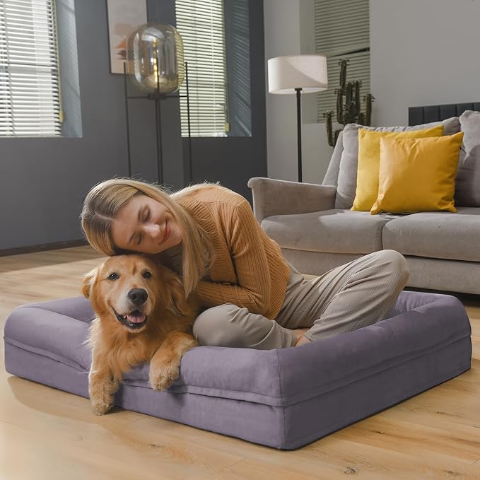 Medium Orthopedic Dog Beds, Large Waterproof Dog Bed with Removable Cover, 4-Sides Bolster Support Pet Soft Sofa, Washable Pet Beds for Large Dogs, Purple