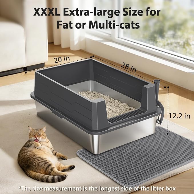 FURTIME Stainless Steel Cat Litter Box, Easy-Clean High-Sided Metal Litter Box, Open-Top Litter Pan for Large Cats, Great for Multi-Cat Homes,Includes Scoop&Mat, Non-Stick, Anti-Leakage, 28"×20"×12.2"