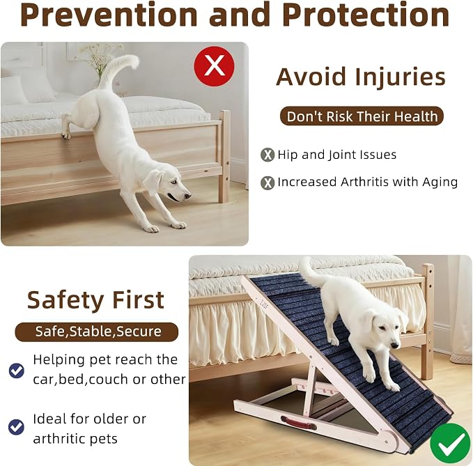 ZJSF Foldable Dog Ramp for High Bed, Wooden Dog Stairs to Bed for Small and Large Dogs, High Traction Platform with 6 Adjustable Heights (14"-30"), 48", Supports up to 230 lbs