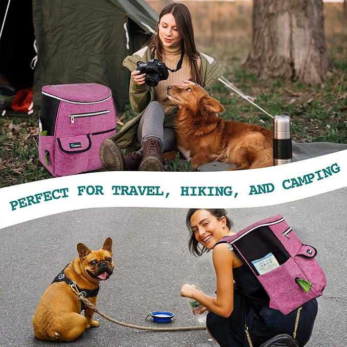 PetAmi Dog Travel Bag Backpack, 27L Airline Approved Pet Supplies Organizer with 2 Food Containers, 2 Collapsible Bowls & Poop Bag Dispenser, Weekend Road Trip Camping Dog Mom Gift, Pink
