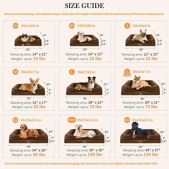 Comfort Expression Orthopedic Dog Bed for Large Dogs 38x25 Inch, Waterproof Supportive Egg Crate Foam Large Pet Bed with Removable Bolsters, Dog Couch with Washable Cover & Non-Slip Bottom, Dark Brown