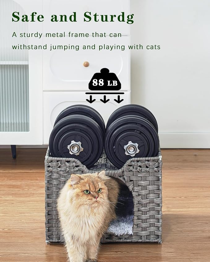 SETVSON Cat Beds Indoor Kitten House, Handwoven Rattan Cat Cave Pet Cube, One Bed Mat, Foldable, Hideaway, 16.5x16.5x13.2 Inches, 2 S-Shaped Hooks in Living Room Bedroom Gray