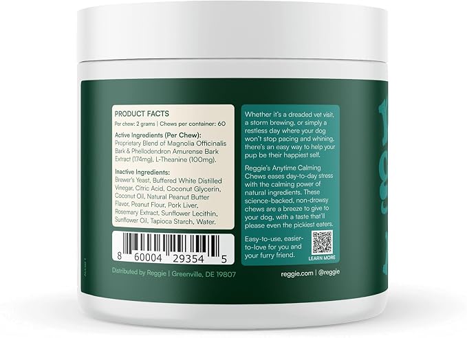 Reggie Anytime Calming Chews for Dogs | Dog Anxiety Relief with L-Theanine & Magnolia Barks | Dog Calming Treats for Separation Anxiety, Thunderstorms, Travel & Stress | 120 Soft Chews