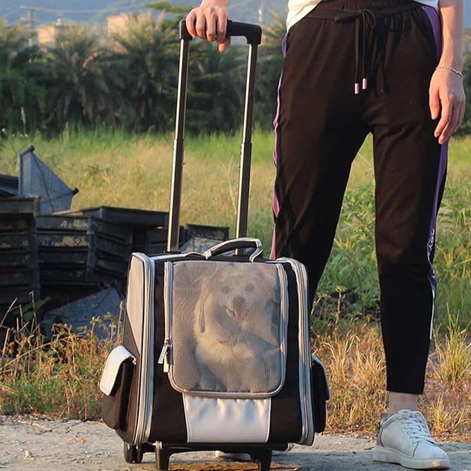 Rolling Pet Travel Carrier Backpack with Wheels 4 in 1 Pet Carrier Soft-Side Dog Carriers Luggage Bag,Mesh Ventilation Windows, Storage Pockets for Walking, Hiking