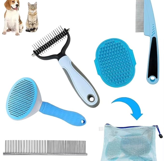 Loving PETS 6-in-1 Dog Grooming Kit - Self Cleaning Slicker Brush, Dematting Rake, Steel Comb, Flea Comb & Bath Brush - Professional Pet Grooming Set with Storage Bag for Dogs & Cats (Blue)