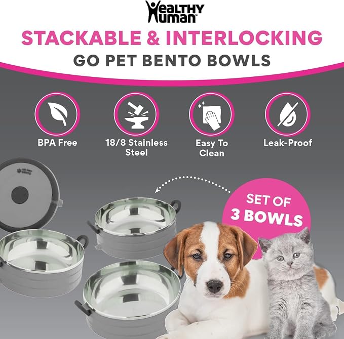 Healthy Human Travel Pet Bento Bowls - Human-Grade Stainless Steel & BPA-Free, Leak-Proof Water & Food Container Set for Dogs & Cats, 4-Pack Interlocking Bowls, Includes Spare Clips & Handle (Gray)