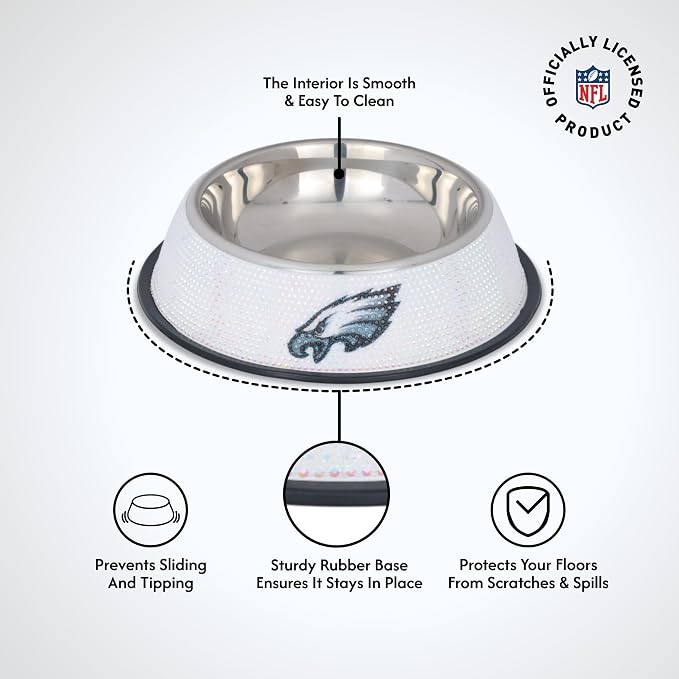 The Memory Company Officially Licensed Stainless Steel Pet Bowl, Premium Bling Team Logo Dog & Cat Food & Water Dish, Non-Slip Rubber Base, for Large/Small Breeds