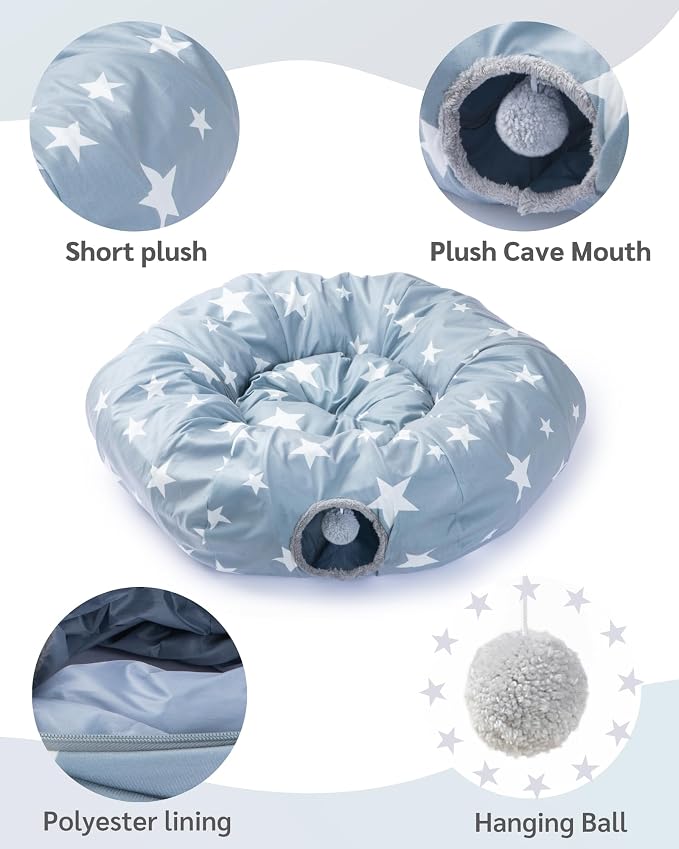JanYoo Large Cat Tunnel Bed for Indoor Cats, Cat Cave Bed Donut Tunnel with Ball, Foldable Interactive Pet Cave Toys Tube for Indoor Cats Kitten Puppy Bunny, Grey
