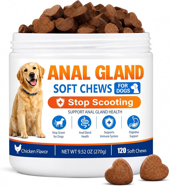 Anal Gland Support Chews for Dogs – Stops Scooting, Supports Digestive Health & Firm Stools – Pumpkin, Psyllium, Fiber, Probiotics & Digestive Enzymes – Chicken Flavor（120 Ct）