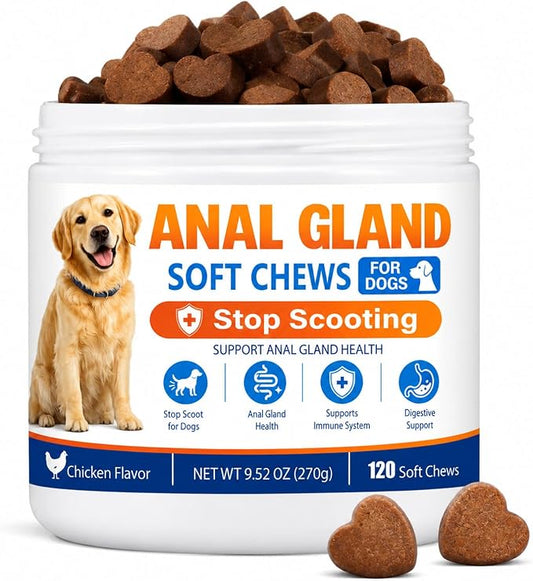 Anal Gland Support Chews for Dogs – Stops Scooting, Supports Digestive Health & Firm Stools – Pumpkin, Psyllium, Fiber, Probiotics & Digestive Enzymes – Chicken Flavor（120 Ct）