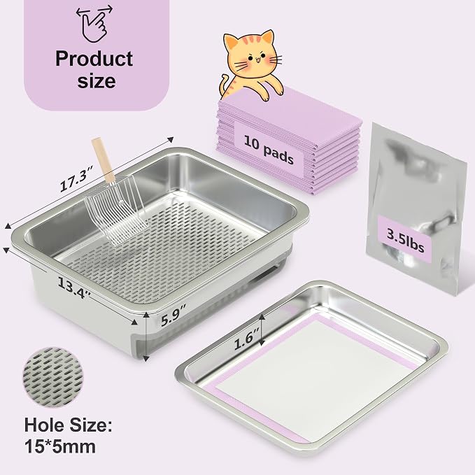 Dual-Layer Stainless Steel Cat Sifting Litter Box - Odor Control Tray with Zeolite Litter Pellets, Includes Scoop, Pads & Trays