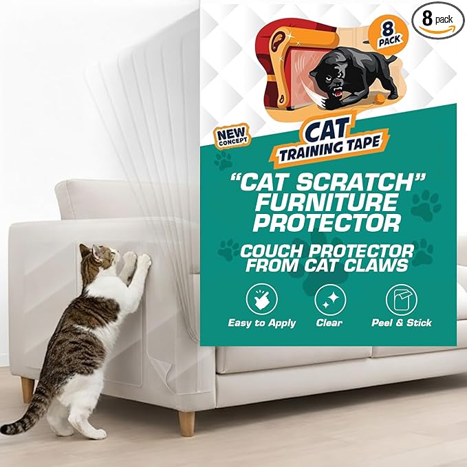 8 Pack Cat Scratch Furniture Protector Tape Sheets – Double-Sided Sticky Training (4 XL, 4 Large) – Anti-Scratch Couch & Sofa Guard – Clear – Not for Leather, Velvet, Microfiber