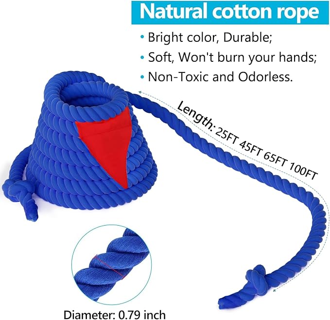 Tug of a War Rope for Kids and Adult, 25FT Tag o War Ropes with Flag for Outdoor, Outside Carnival, Lawn, Field, Team Building Game, Safety Cord for School and Church, Blue