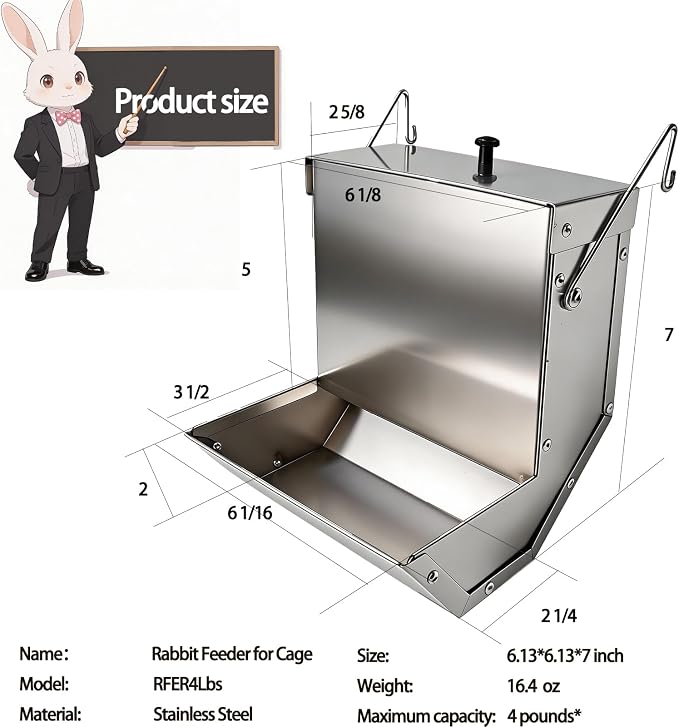 Small Animal Gravity Feeder with Lid - Stainless Steel Anti-Corrosion Durable Large Capacity Food Dispenser for Rabbits, Guinea Pigs, Chinchillas & Other Small Pets for Indoor Outdoor Cage Use (4Lbs)