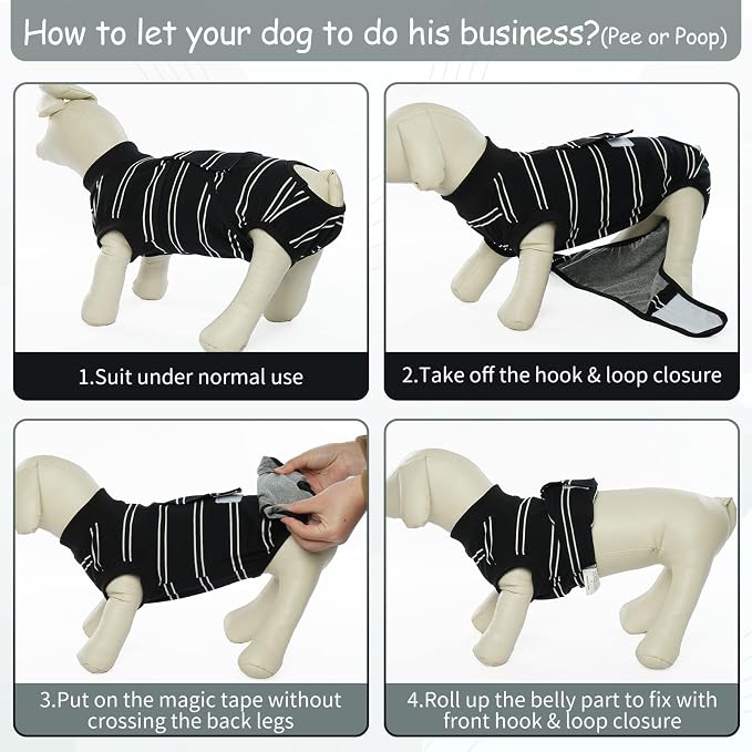 Kuoser Dog Surgery Recovery Suit, Soft Breathable Dog Recovery Suit for Female Spay Male Nueuter, Anti Licking Puppy Onesie Pet Surgical Suit for Dogs Abdominal Wounds Skin Disease, Black Strips XL