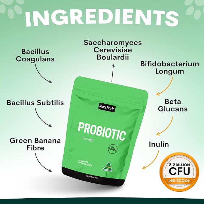 Petz Park Dog Probiotic 90 Scoops, Probiotics for Dogs Powder, Gut Health Supplement for Dogs, Paw Licking and Digestive Support, Dog Food Topper Made in Australia