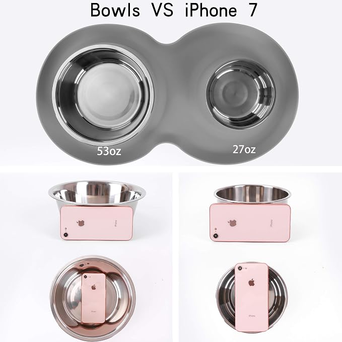 100% Waterproof BPA Free Pet Dog Bowls2 Stainless Steel（53oz+27oz） with 1.35“ Raised Edge Silicone Mat + Slow Feed Dog Water and Food Bowls for Feeding Small Large Dogs Cats Puppies (Gray)