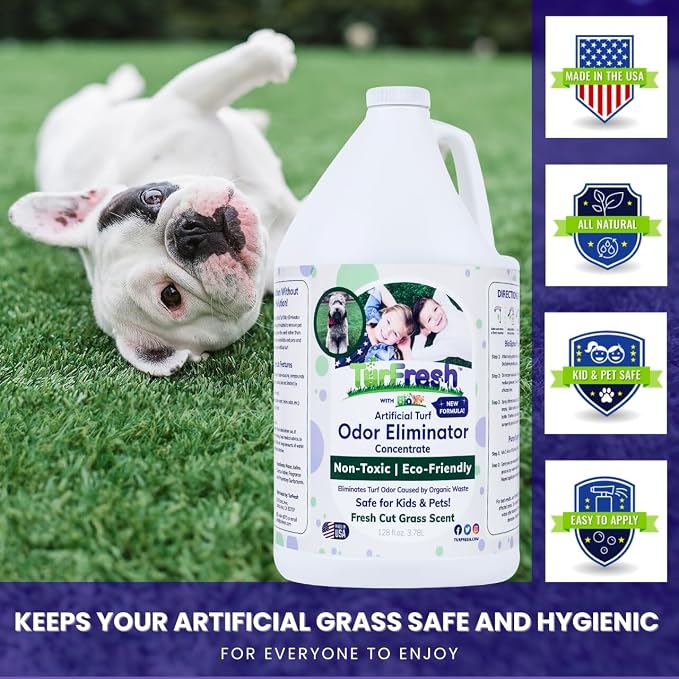 TurFresh BioX Artificial Turf Odor Eliminator – Yard Deodorizer for Dog Urine & Feces – Natural Concentrate Outdoor Cleaner – Safe for Kids & Pets – 1 Gallon Fresh Cut Grass Scent