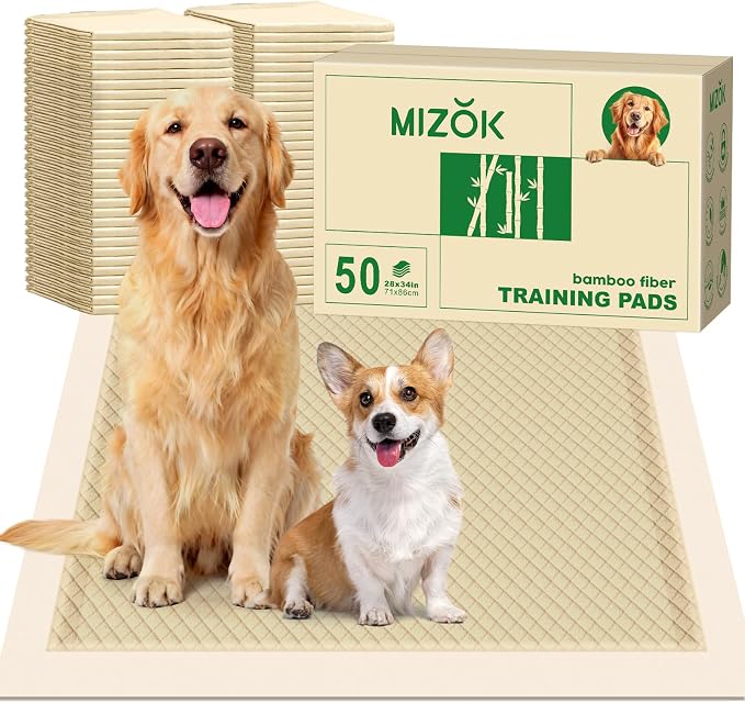 MIZOK Dog Pee Pads Extra Large 28"x34", Bamboo Puppy Pads Super Absorbent & Leak-Proof, 4-Corner Adhesive Tabs, Wee Wee Pads for Dogs, Superior Odor Protection, XL (50 Counts)