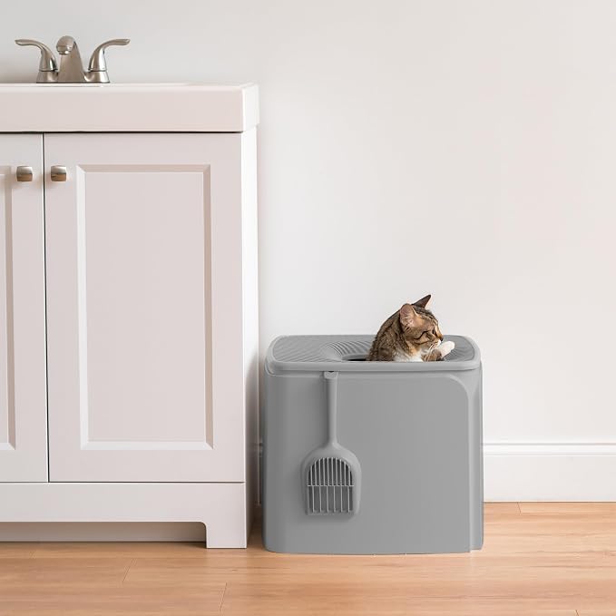 IRIS USA Cat Litter Box Top Entry with Scoop, Covered Dog Proof Litter Box Design, Enclosed Square Style Litterbox with Odor Control, Easy to Clean for Cats, Gray