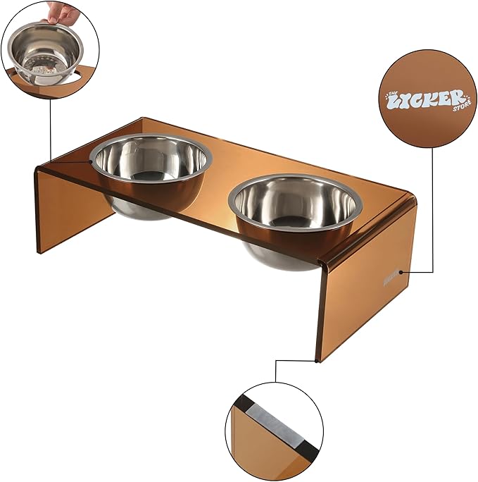 DBL2000D Keaton 5" Small/Medium Modern Acrylic Rectangular Elevated Pet Feeder with 20oz 2-Stainless Steel Bowls, Amber/Chrome